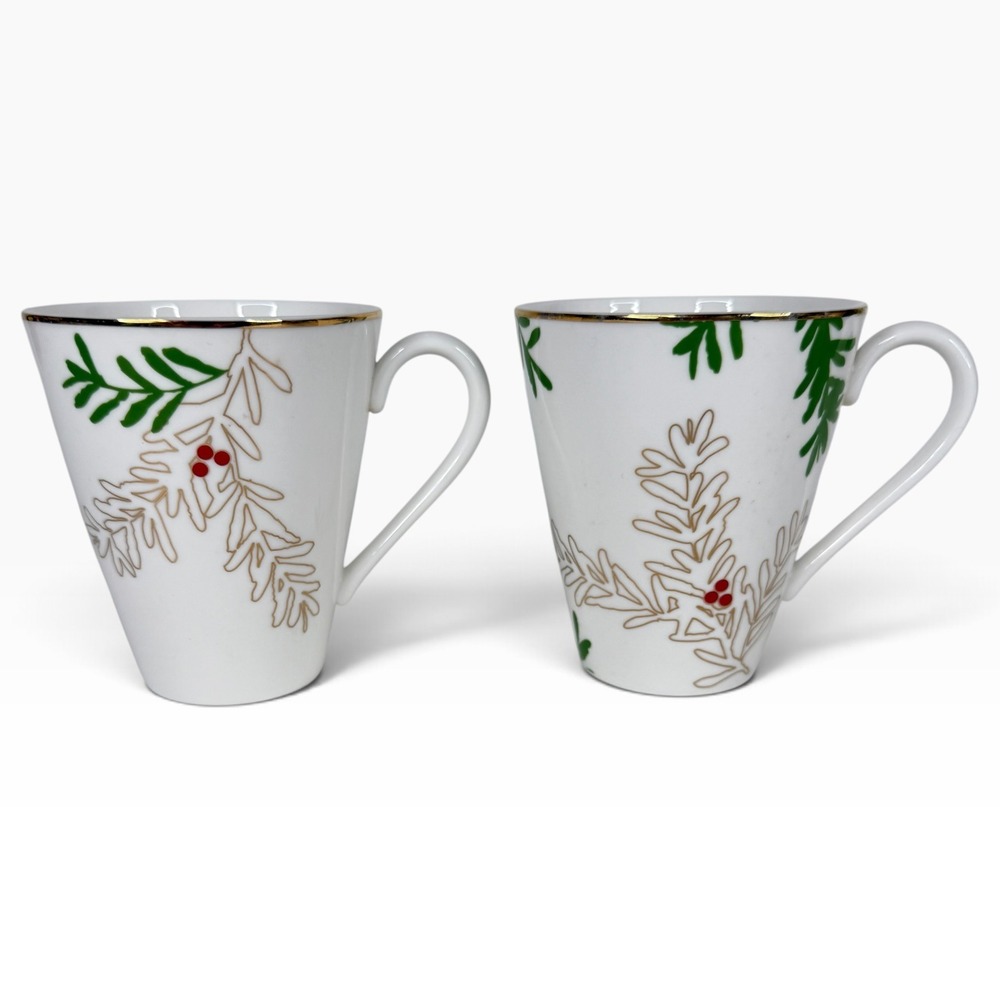 2 Lenox Merry & Bright Pine And Berry Mugs Holly Christmas 2007 Coffee Cups